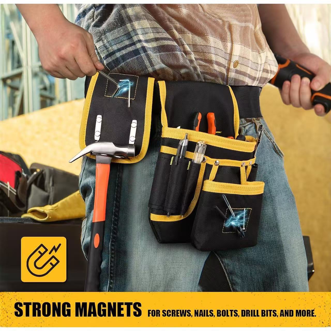 Cross-border tool belt with magnetic multiple pockets, adjustable tool storage bag, multi-functional repairman